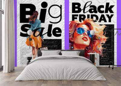 Sale and discounts poster set. Fashionable woman in shopping mall. Black Friday promotion abstract bright colors placard with advertising text. Creative pattern and typography print design. Art banner Wall mural