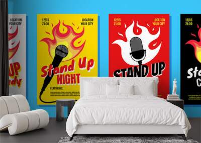 Stand up comedy night live show A3 A4 poster design template set. Retro microphone with fire on white yellow red black background. Hot jokes roasting concept flyer. Vector open mic illustration Wall mural