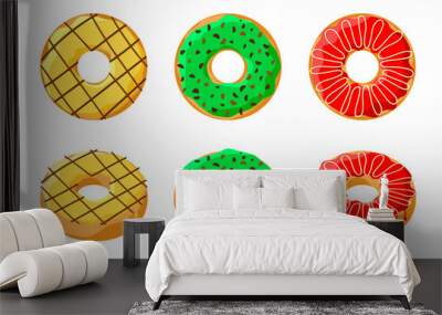 Sweet colorful tasty donut set isolated on white background. Glazed doughnut top view and 3d collection for cafe decoration or menu design. Yellow green and red pastry bakery. Vector eps illustration Wall mural