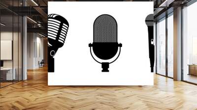 Three microphones retro and classic style. White background. Silhouette microphone. Music icon, mic. Flat design, vector illustration Wall mural