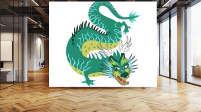 Traditional Chinese green dragon zodiac sign. Asian sacred symbol of goodness and power. Japanese ancient animal vector illustration isolated on white background Wall mural