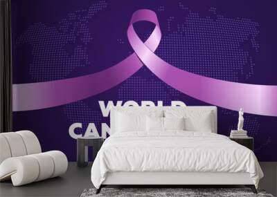 World cancer awareness day banner design concept. Purple ribbon on world map for February 4th stop cancer campaign symbol. Attention to healthcare background. Vector eps print Wall mural