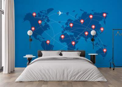 world map with destination marker pins and plane travel routs. top view airplane with flight paths b Wall mural