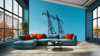 High voltage lines. Electricity pole.  Wall mural