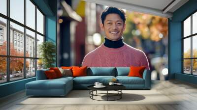 A cinematic photograph of an attractive Japanese man in his late thirties. Wall mural