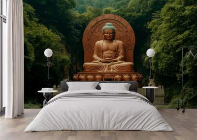 A large seated Buddha statue made of red copper, surrounded by green trees and white stone steps. Wall mural