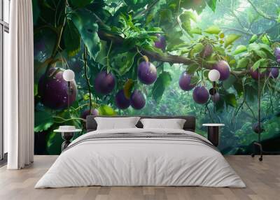 In a lush jungle clearing, ripe passionfruit dangle amidst tangled vines, awaiting harvest Wall mural