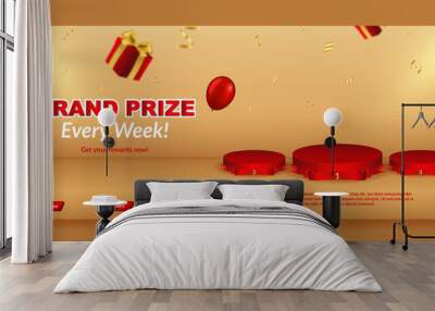 Realistic grand prize banner template with podium and gift box Wall mural