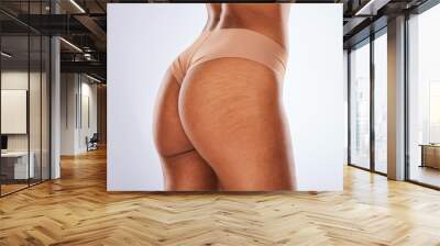 Cellulite, buttocks and underwear with a model black woman in studio on a gray background for body positivity. Stretch marks, real and natural with a female posing in lingerie from the back Wall mural