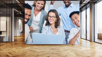 Wow, success and achievement with a team of business people and their female leader, manager or boss in an office. Teamwork, collaboration and motivation with a group in celebration at work together Wall mural