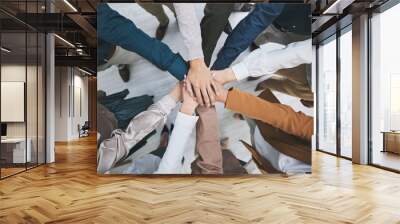 Hands together, team and support, solidarity and business people with top view, stack and community. Synergy, cooperation and huddle, collaboration and corporate group with trust, meeting and mission Wall mural