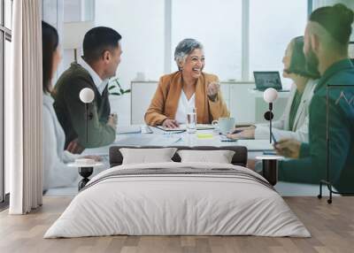 Happy, talking and business people in a meeting for a discussion, project or planning together. Smile, office and a manager speaking to employees about professional work and discussion in a workshop Wall mural