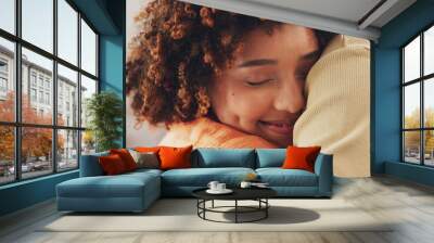 Hug, house and a couple embracing with a smile, comfort and love in the living room. Happiness, care and a man and woman hugging for affection, missing and caring together in the lounge of a home Wall mural