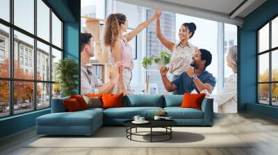 Business teamwork high five celebrate deal success, achievement and winner motivation working in startup agency. Happy company of people, employee collaboration and worker in support of excited goal Wall mural