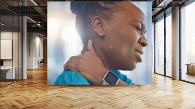 Black woman, nurse and neck pain, stress and injury with fibromyalgia, overworked and burnout at hospital. Fail, mistake and medical worker with health crisis, massage muscle with tension and fatigue Wall mural