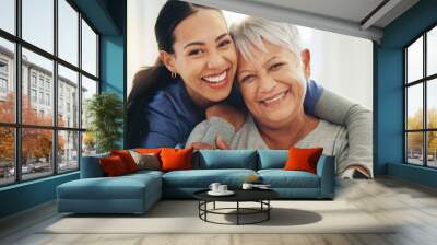 Happy woman, nurse and hug senior patient in elderly care, support or trust at old age home. Portrait of mature female person, doctor or medical caregiver hugging with smile for embrace at house Wall mural