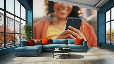 Home phone, hands or happy woman relax, smile and typing online search, customer experience review and check app. Living room couch, smartphone scroll or person reading blog, article or communication Wall mural