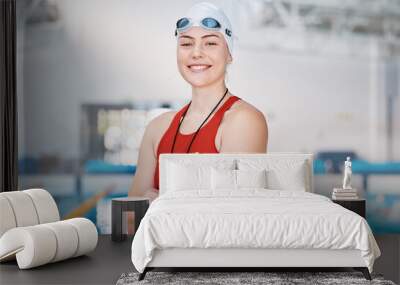 Swimming pool, lifeguard and portrait of woman with confidence and goggles at water for safety training exercise. Professional sports, life saving workout and swimmer at swim competition with pride. Wall mural