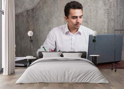 Young employee looking into laptop and sitting at the desk Wall mural