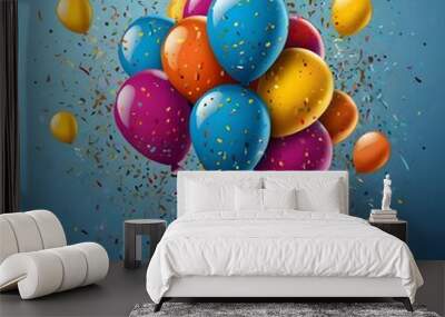 Blue background with colorful balloons and confetti generative ai  Wall mural