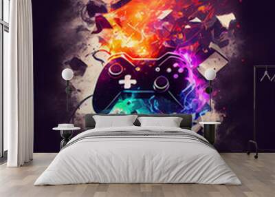 Video game gaming controller night with abstract dark background with fire background Wall mural