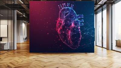 A human heart with a red cardio pulse line, interconnected with lines and dots on a dark background. Generative AI Wall mural