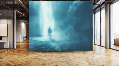 A lone person stands in a dimly lit cave, facing a bright, ethereal portal. Generative AI Wall mural