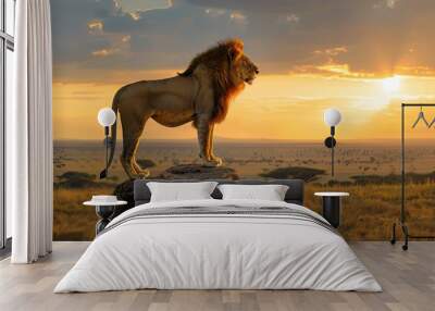 A majestic lion surveys the African savanna from atop a rock as the sun sets in the distance. Generative AI Wall mural