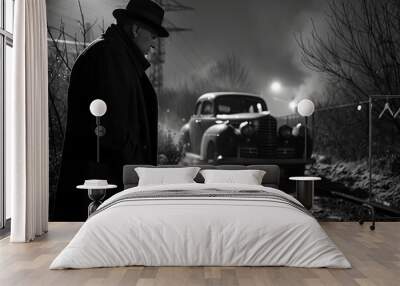 A man in a coat and hat, Detective Andrewz, stands next to a car at a crime scene. Generative AI Wall mural