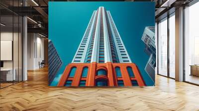 A modern skyscraper with vibrant orange accents rises into a clear blue sky amidst urban architecture in a bustling city. Generative AI Wall mural