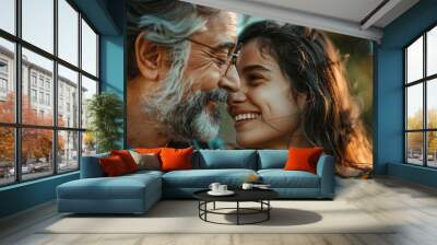 A senior man with a white beard smiles while looking at his young daughter. Generative AI Wall mural