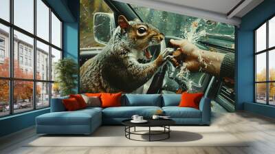 A whimsical painting of a squirrel seated in a car with its mouth agape, appearing to laugh or chatter in a humorous interaction. Generative AI Wall mural