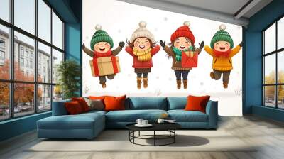 Cheerful children celebrating winter holidays with gifts outdoors in a snowy landscape while wearing colorful winter hats and scarves. Generative AI Wall mural