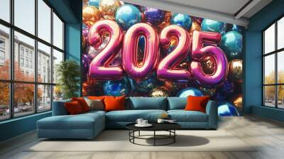 Colorful balloons spell out 2025 among shiny decorations in a festive atmosphere, perfect for New Year's celebrations. Generative AI Wall mural