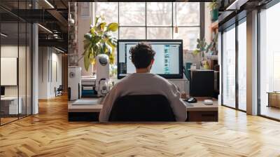 Person working at a desk in a bright room filled with plants and a large computer screen on a sunny day. Generative AI Wall mural