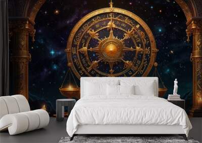 A golden compass with a starry background, framed by two pillars with lit candles. Wall mural