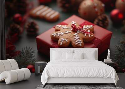 A red gift box with a gingerbread snowflake on top, surrounded by Christmas decorations like pine cones, ornaments, and a gingerbread cookie. Wall mural