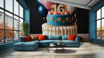 A two-tiered cake with white and blue frosting decorated with gold accents and flowers, with two lit candles forming the number 16 on top.  The cake sits  Wall mural