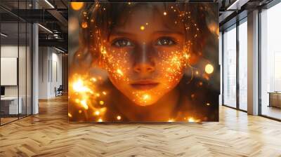 A young boy with sparkling lights on his face. Wall mural