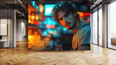 A young man with a serious expression looks directly at the camera while standing behind a bar counter. He is wearing a blue shirt and an apron. The bar is dimly lit,  Wall mural