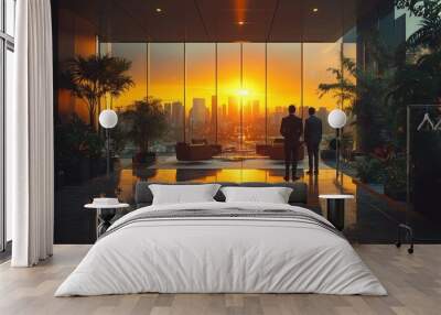 Two businessmen stand in a modern office lobby with large windows overlooking a cityscape at sunset. Wall mural