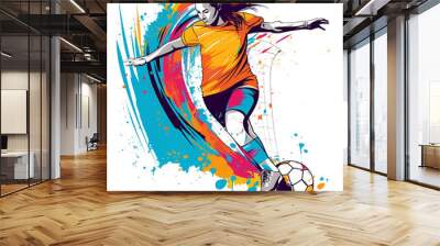 Girl kicking soccer ball in front of goal. Generative AI. High quality illustration Wall mural