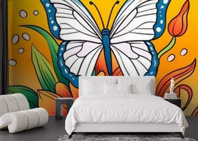 Happy Butterfly And Flower Coloring Book. Black and white Moth vector illustration for children coloring page. Wall mural