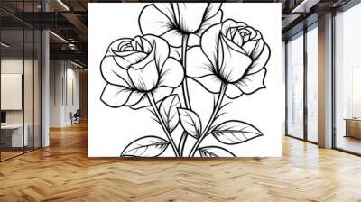 rose flower and leaf drawing illustration on white backgrounds. Flower icon. Set of decorative rose silhouettes. Vector rose isolated on white Wall mural