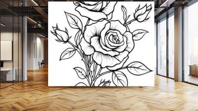 rose flower and leaf drawing illustration on white backgrounds. Flower icon. Set of decorative rose silhouettes. Vector rose isolated on white Wall mural