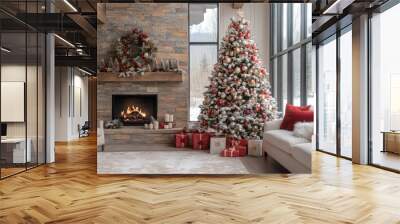 A cozy living room decorated for Christmas with a fireplace, a large Christmas tree, and gifts. Wall mural