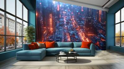 A futuristic cityscape with glowing neon lights and a vibrant blue and orange color scheme. Wall mural