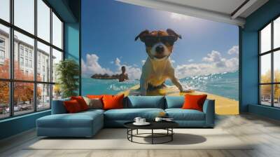 A dog wearing sunglasses is surfing on a surfboard in the ocean. The dog is looking directly at the camera. Wall mural