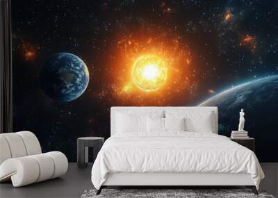 A vibrant, fiery sun illuminates two planets in a cosmic expanse, showcasing the vastness of the universe. Wall mural