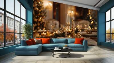 Festive table setting and beautiful Christmas decor in room. Interior design Wall mural